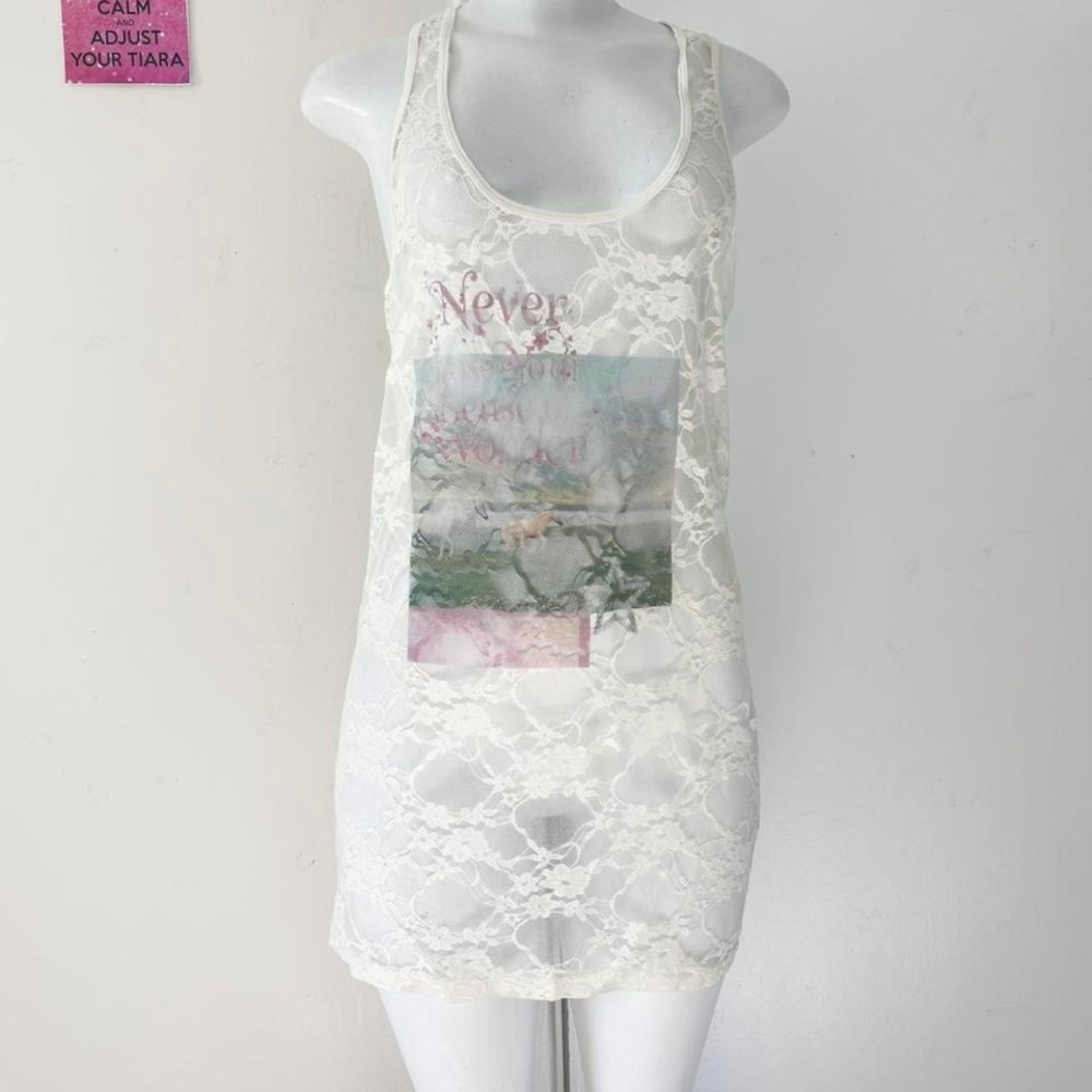 sheer white lace graphic tank dress